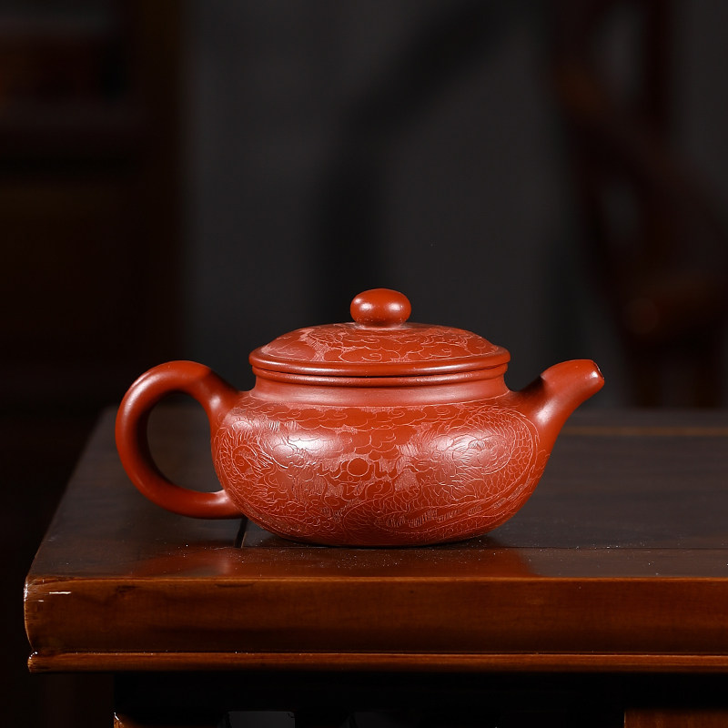 宜兴紫砂壶纯手工泡茶壶龙纹仿古壶家用茶具套礼盒装大红袍手把壶