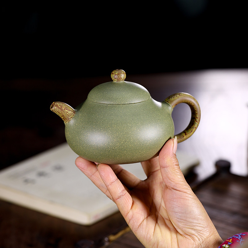 大容量宜兴紫砂壶原矿绞泥纯手工家用手把壶功夫茶具豆青砂泡茶壶