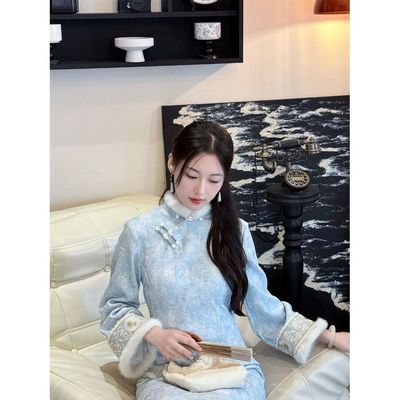 蓝色旗袍2025新款加绒加厚秋冬女新中式改良年轻款长袖连衣裙气质
