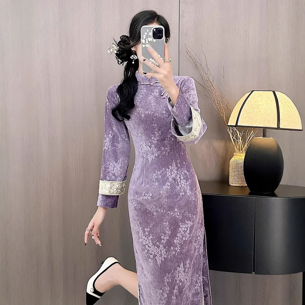 紫色新中式旗袍改良年轻款2025新款复古民国风小个子连衣裙秋冬季