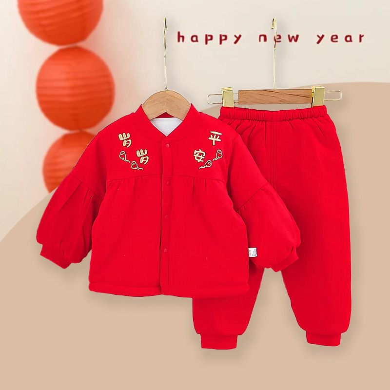 宝宝红色套装公主款洋气新款外穿周岁礼服男孩套装拜年服女宝衣服