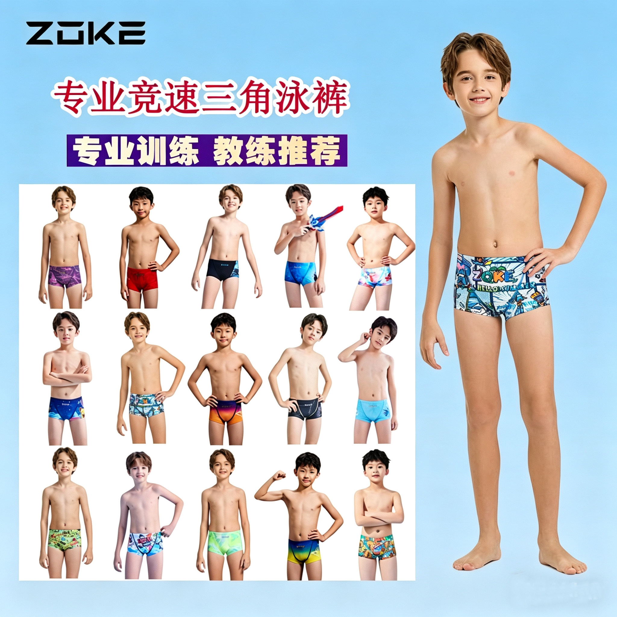 洲克青少年泳裤男儿童平角款小中大童专业竞速游泳裤抗氯高弹速干