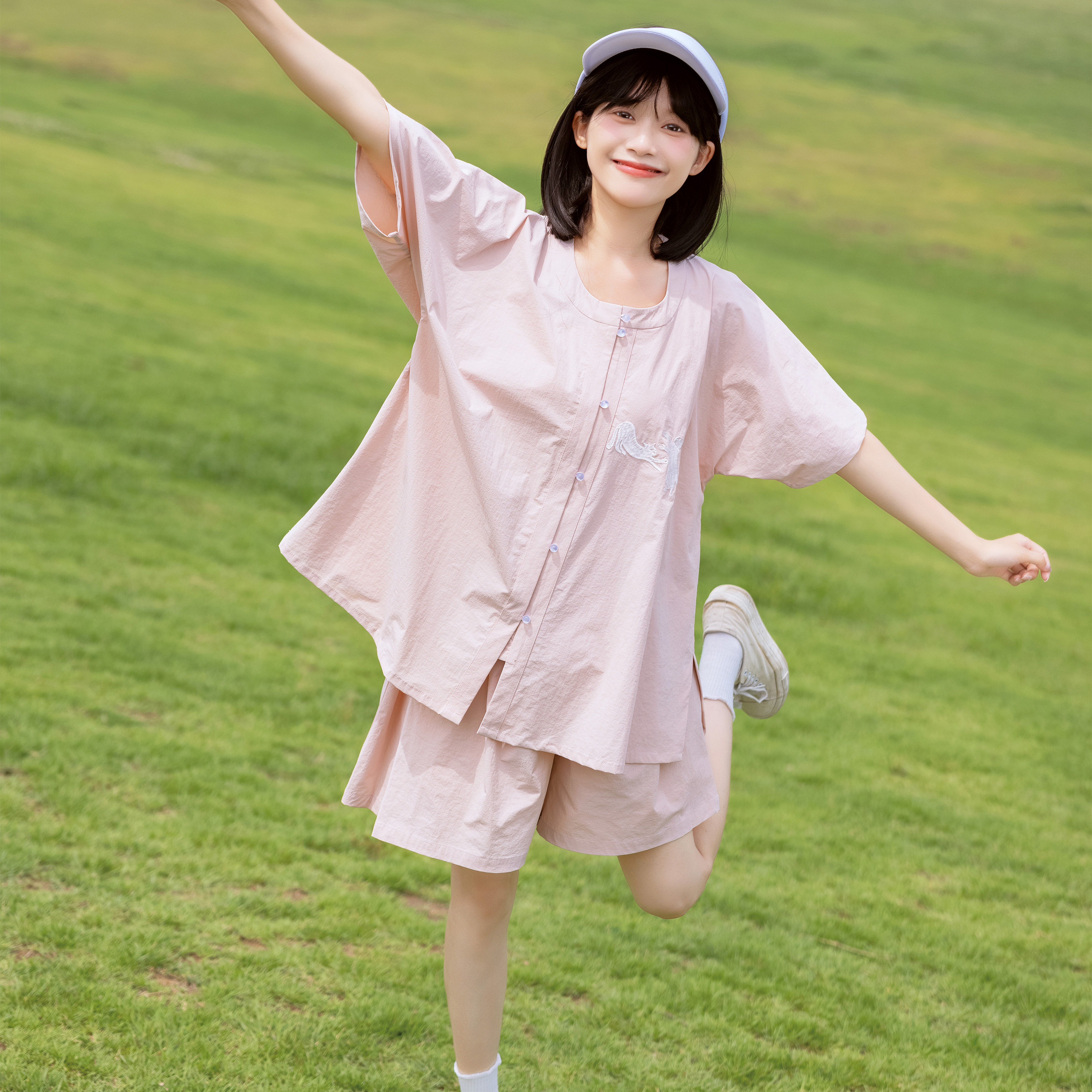 花朝记｜快乐猫｜明制汉服元素圆领对襟衫短裤休闲运动风速干防晒