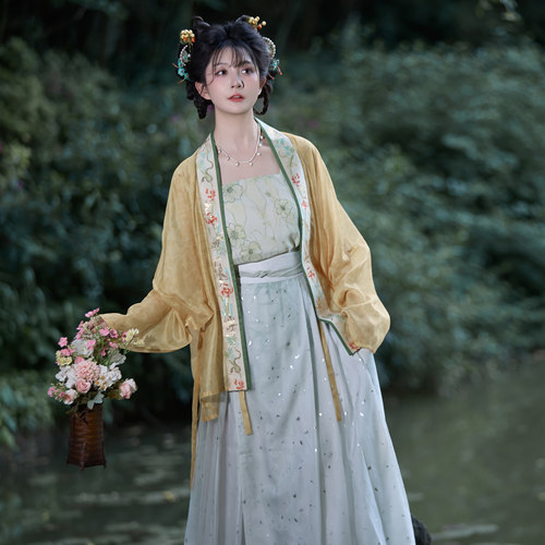 花朝记｜艾枝｜宋制汉服飞机袖对襟衫绿色黄色天丝端午日常风春夏