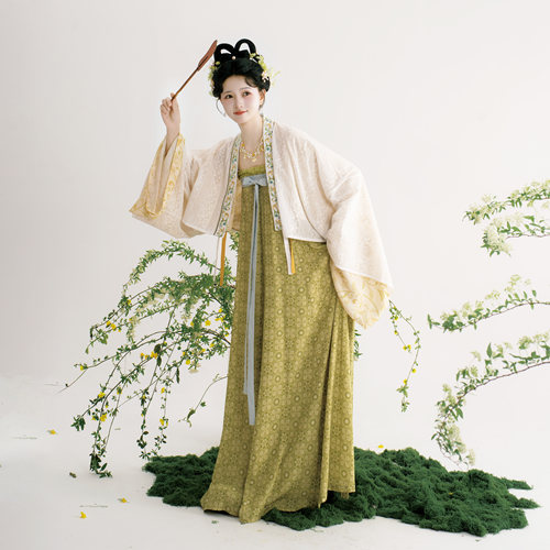 花朝记｜碧螺｜唐制汉服法门寺披衫齐胸交窬裙绿色棉天丝日常春夏