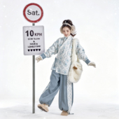 花朝记｜雪豹｜晋制汉服元 素曲领袄灯笼裤 厚绒外套蓝色休闲日常冬