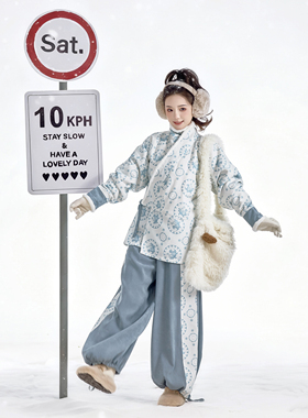 花朝记｜雪豹｜晋制汉服元素曲领袄灯笼裤厚绒外套蓝色休闲日常冬