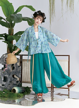 花朝记｜海燕｜汉服元素对襟短衫灯笼裤蓝色天丝人棉提花日常春夏
