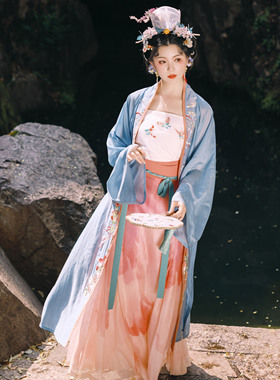 花朝记｜星如雨｜宋制汉服长衫百迭裙三襜天丝绣花印花蓝色春夏款