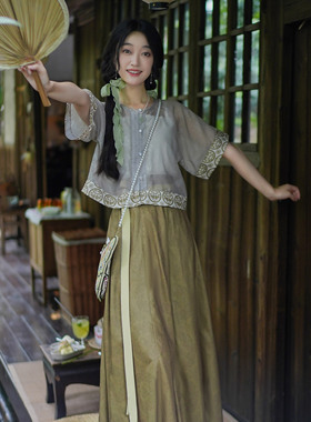 花朝记｜清茶｜唐制汉服元素坦领背子交窬裙绿色印花日常简约清凉