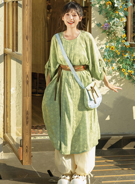 花朝记｜青木｜唐制汉服圆领袍灯笼裤绣花腰封绿色印花简约日常风