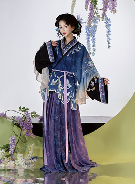 花朝记｜花间灵玑蓝蝶｜晋制汉服半袖晋襦交窬裙绣花蓝色春夏旅游