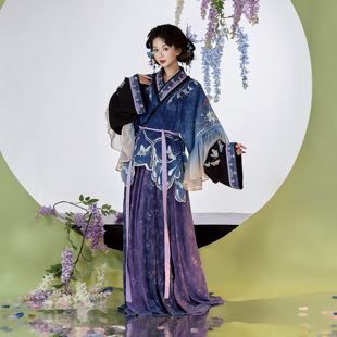 花朝记｜花间灵玑蓝蝶｜晋制汉服半袖 晋襦交窬裙绣花蓝色春夏旅游