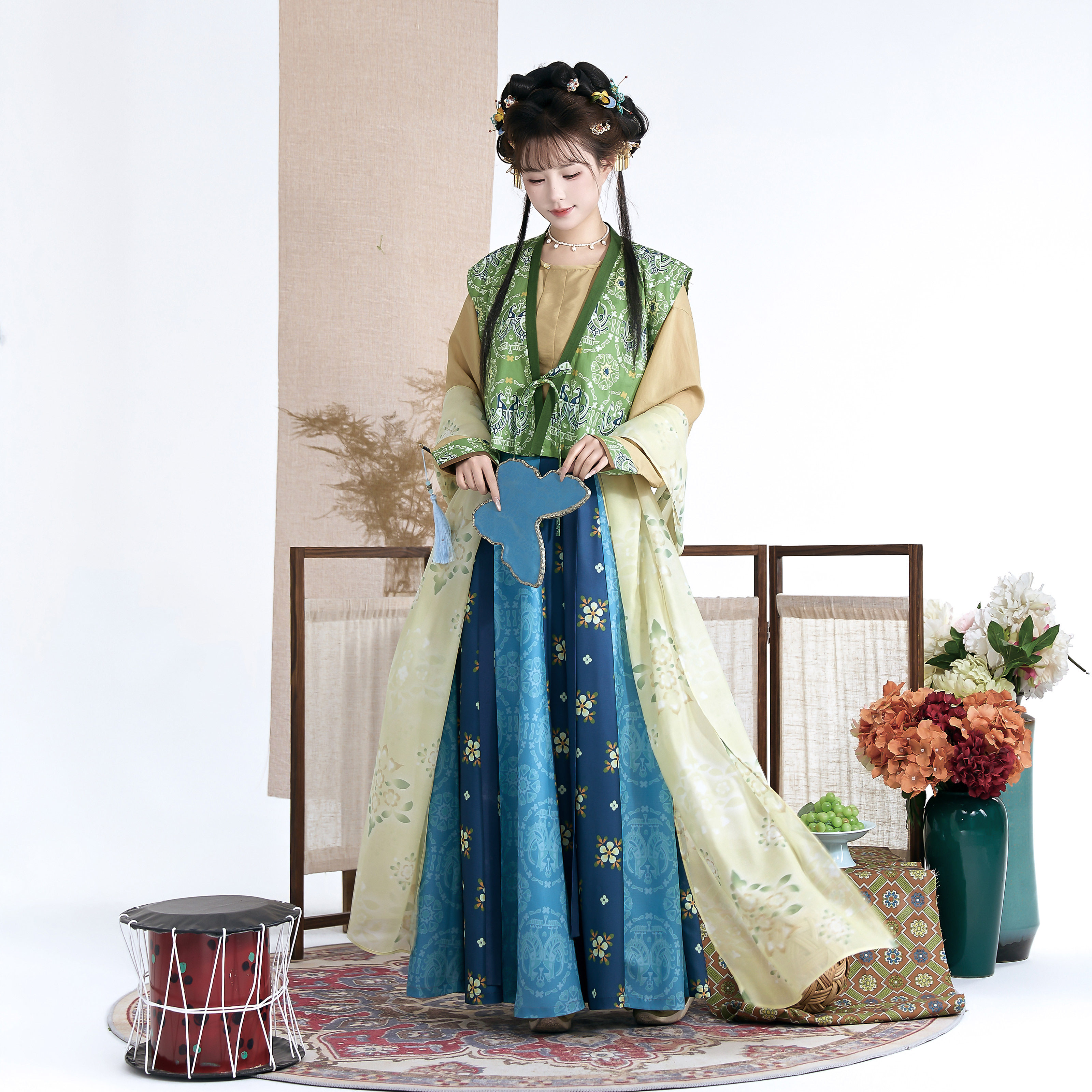 花朝记｜青玉案｜唐制汉服唐背子垂领衫交窬裙绿色人棉传统日常春图片