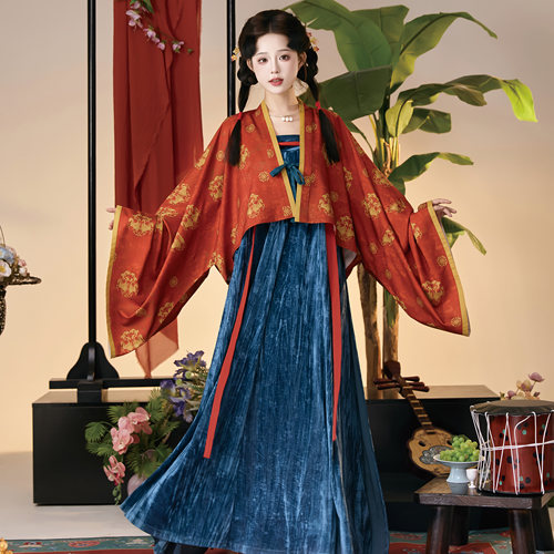 花朝记｜流霞｜唐制汉服法门寺披衫齐胸交窬裙丝绒红色传统复古风