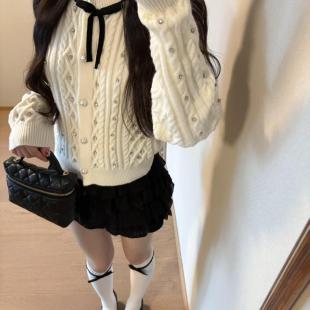 绝美设计感秋冬修身 针织开衫 毛衣外套高级短上衣 重工镶钻长袖 法式