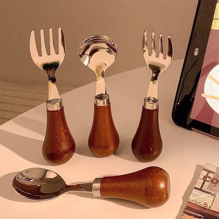 胡桃木304不锈钢叉子勺子套装餐具成人儿童甜品勺家用吃饭喝汤勺