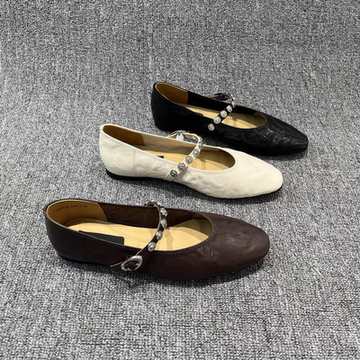 欧洲站夏新款真皮尖头水钻一字带浅口单鞋气质平底玛丽珍鞋女