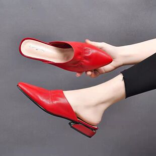 头层牛皮橡胶大底平跟尖头一脚蹬百搭女拖鞋 真皮女鞋 新款 2023春季