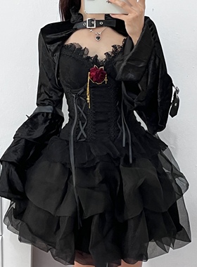 暗黑哥特万圣节服装性感吊带上衣带胸垫+收腰公主蓬蓬裙生日短裙