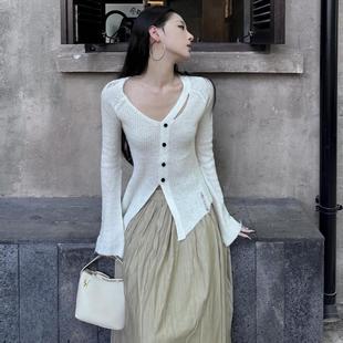 慵懒风针织上衣破洞毛衣垂坠感大摆长裙a字半身裙初秋温柔风套装