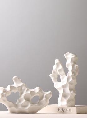 装饰摆件茶室哑光白色假山插花