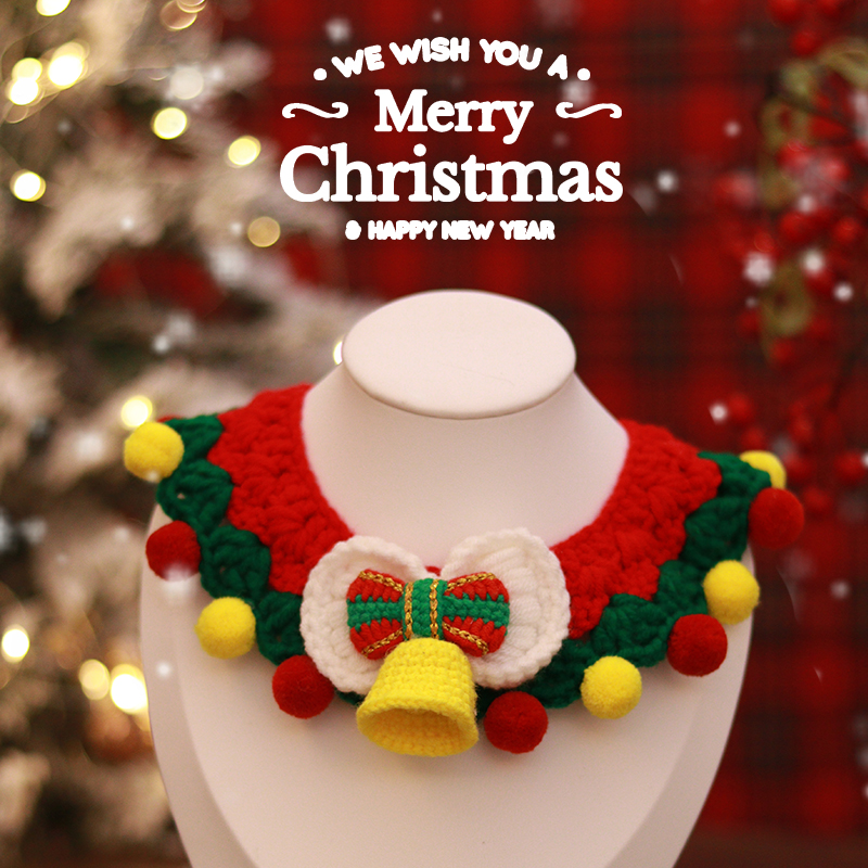 宠物圣诞项圈新年领结毛线针织围嘴泰迪比熊口水巾猫咪蝴蝶结项链