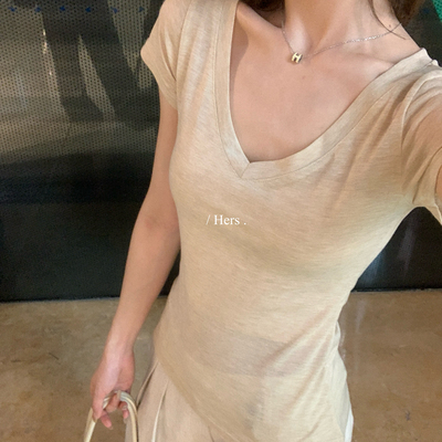 月见夏季简约日常百搭修身休闲宽松显瘦V领短袖面膜T恤上衣女装