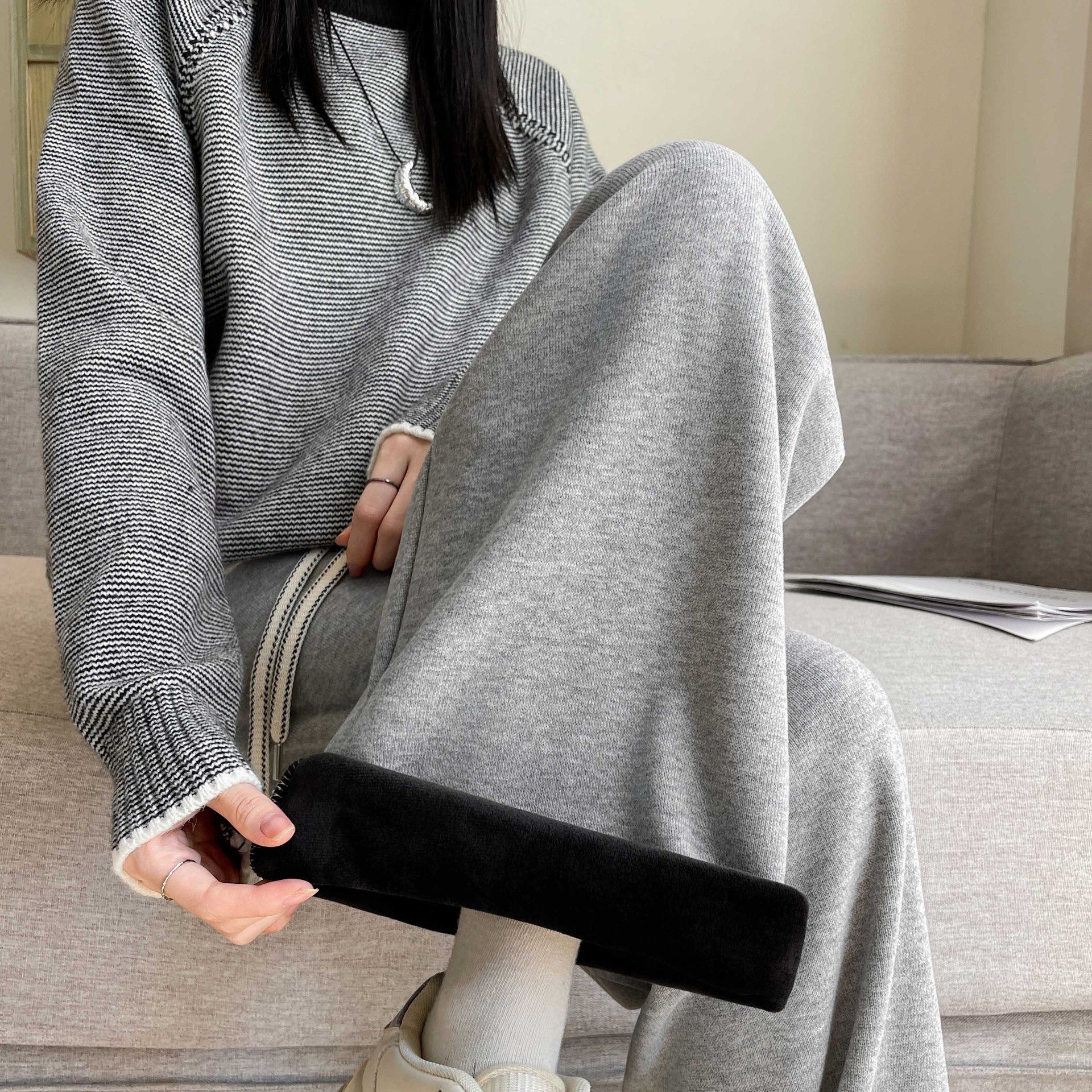 K9116严选糯米裤女秋冬季高腰垂感宽松休闲阔腿裤加绒加厚直筒裤