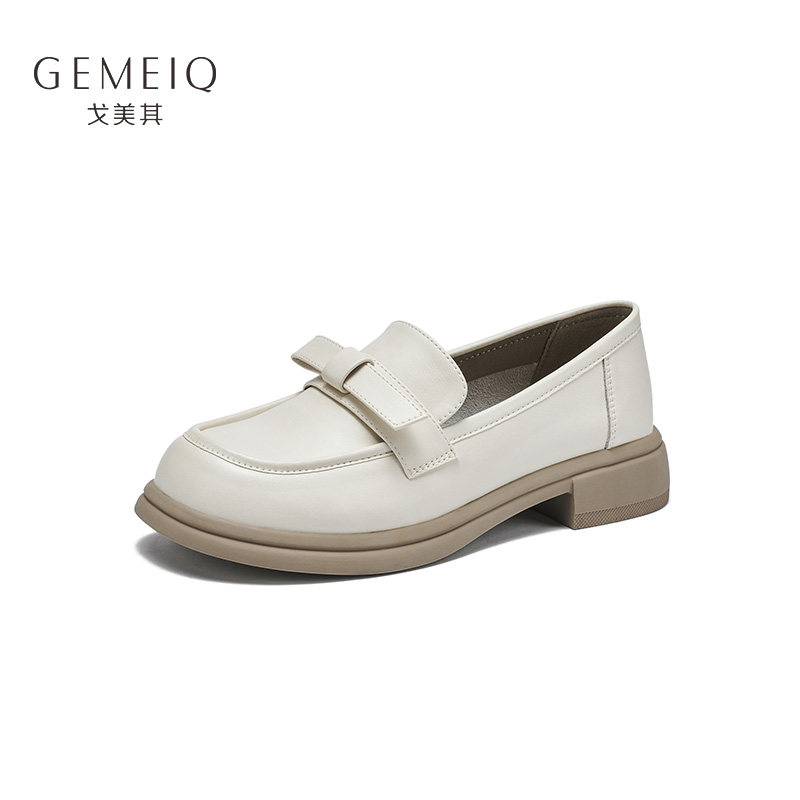 戈美其真皮蝴蝶结乐福鞋女2023春季新款英伦一脚蹬粗跟小皮鞋单鞋