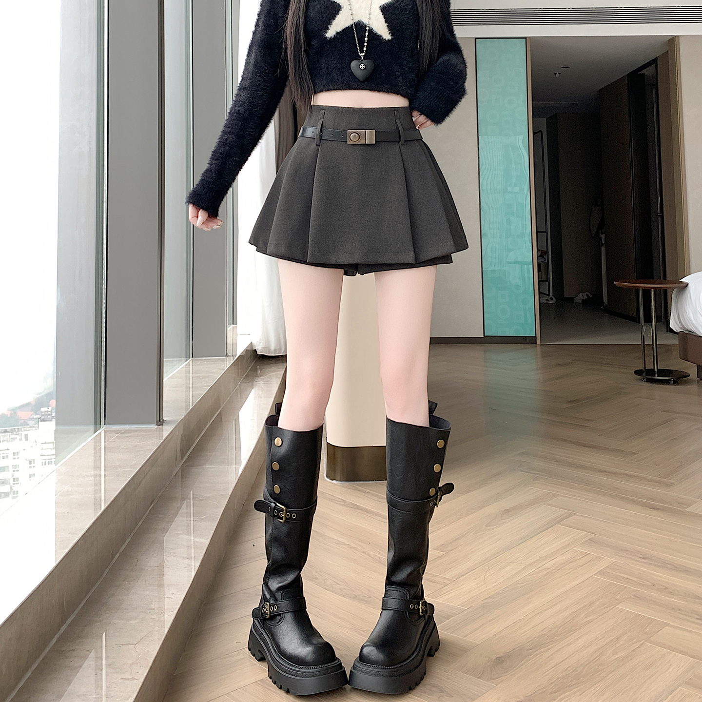 灰色毛呢百褶半身裙女秋冬季新款