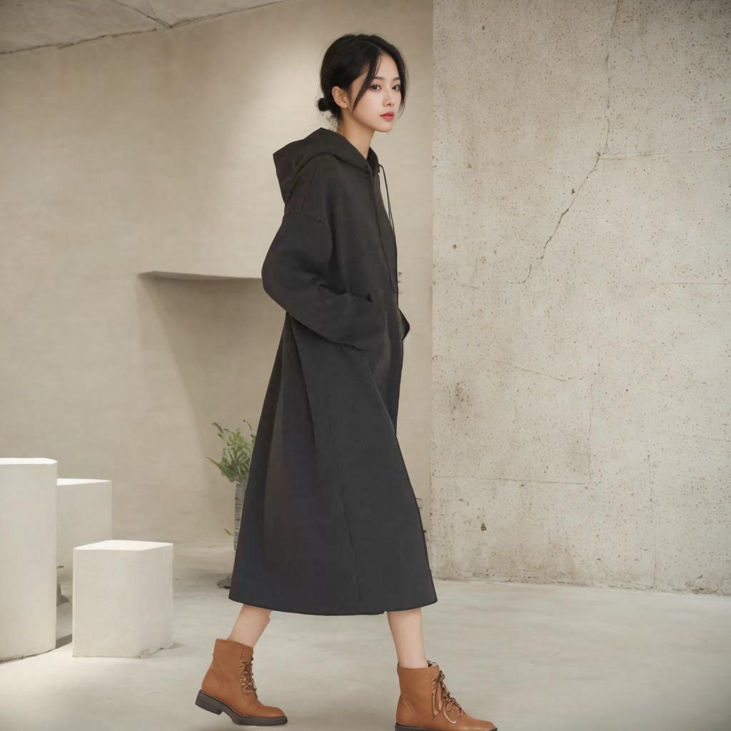 秋冬高克重深灰色连帽卫衣连衣裙