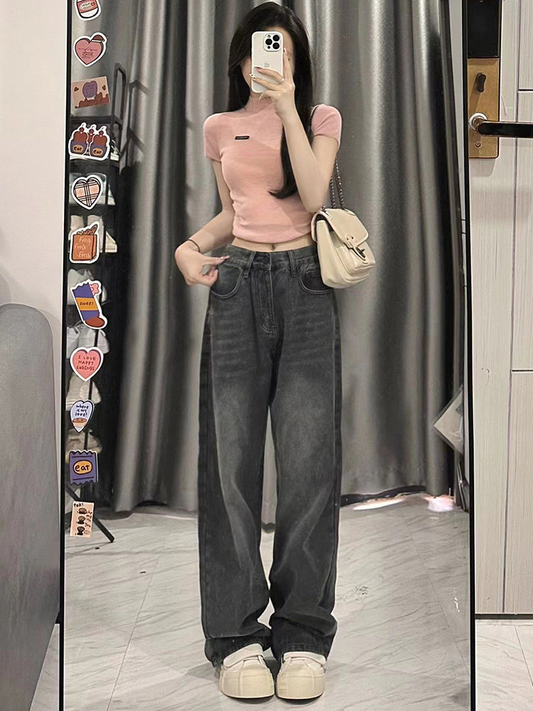 2024 NEW AUTUMN STYLE WIDE-LEG JEANS WOMENS PLUS SIZE FAT MM THIN PEAR-SHAPED BODY LOOSE SMOKE GRAY PANTS