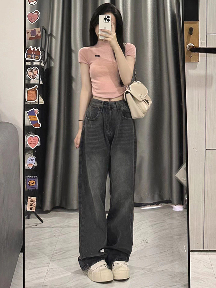 2024 NEW AUTUMN STYLE WIDE-LEG JEANS WOMENS PLUS SIZE FAT MM THIN PEAR-SHAPED BODY LOOSE SMOKE GRAY PANTS