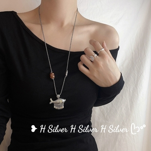 S925纯银原创设计云南民族风新中式 复古立体双面小鱼平安喜乐项链