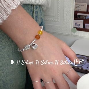 足银999福袋招财纳福玛瑙新中式 国风百搭简约银珠手链