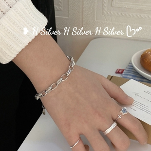 S925纯银极简风环环相扣银手链简约百搭情侣手串重工高级可叠搭