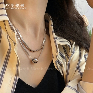 S925纯银双层叠戴金属风圆球方块高级感锁骨链百搭时尚 嘻哈网红