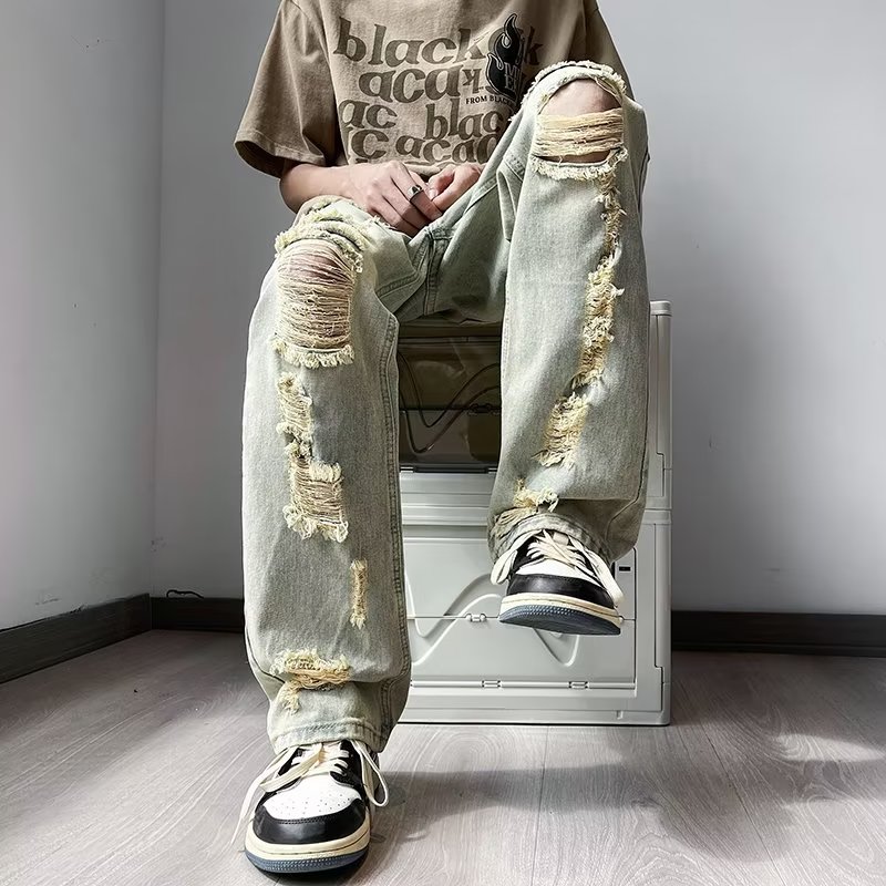 美式街头破坏感牛仔裤男夏季潮牌hiphop宽松水洗做旧百搭直筒P45,男装牛仔裤,星座410-6（原星座1304-1）