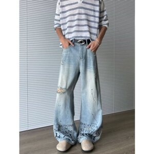 美式高街vibe字母印花破洞牛仔裤男水洗直筒宽松拖地裤子痞帅P53图片