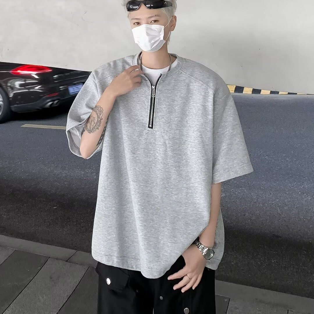美式半拉链垫肩T恤男短袖夏季重磅宽松痞帅上衣潮牌半袖体恤P40,男装T恤,星座410-6（原星座1304-1）