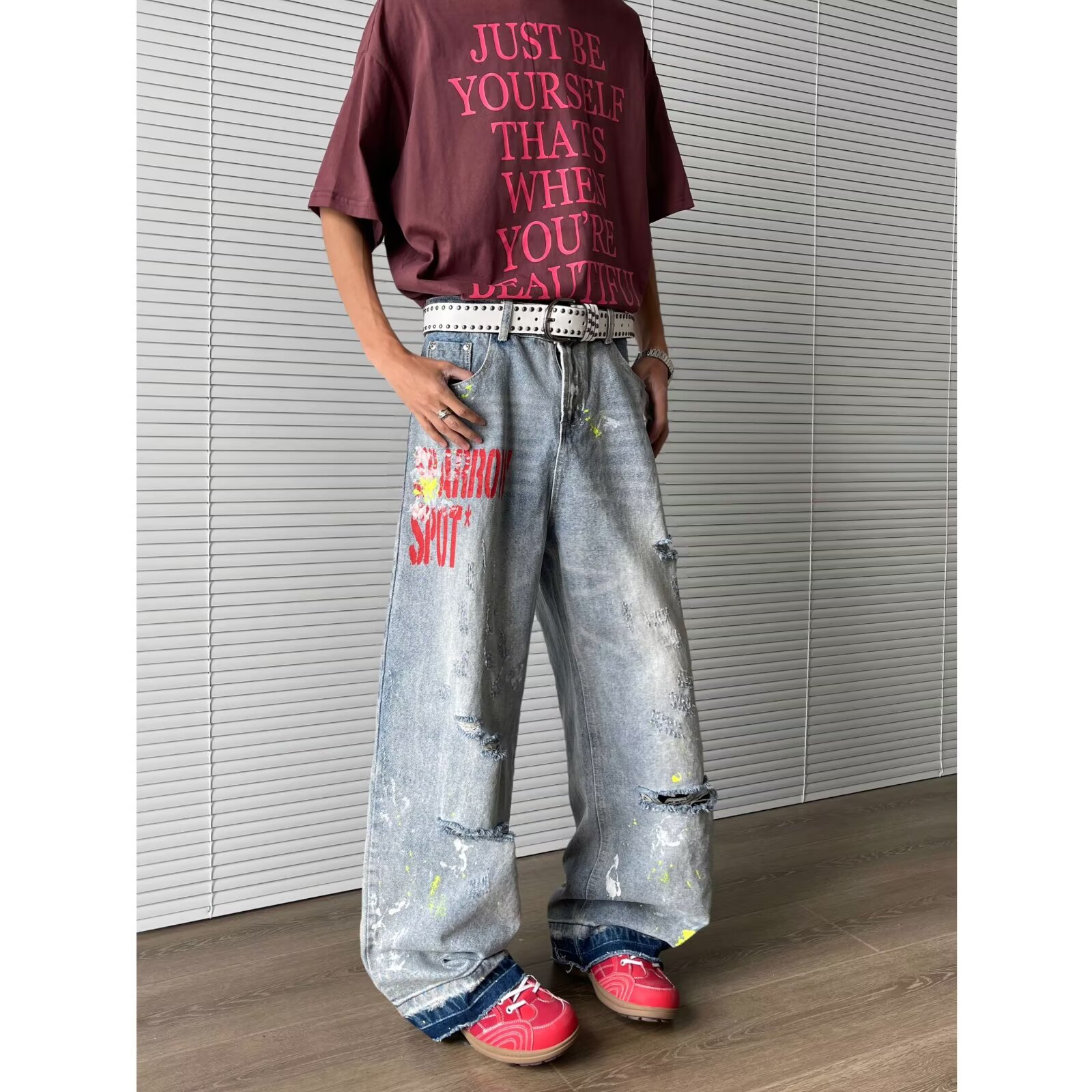 美式高街破洞水洗牛仔裤男女夏季新款直筒宽松阔腿拖地裤P55图片