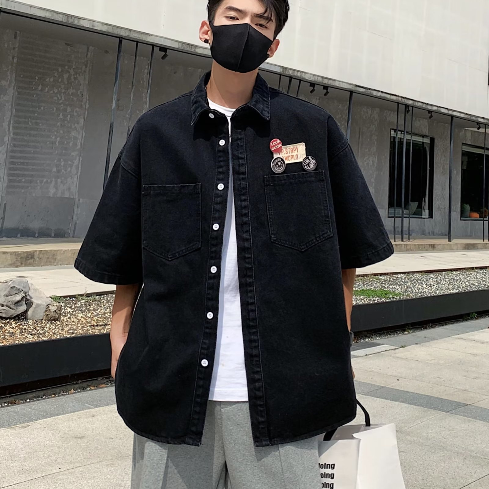 美式街头高级感小众牛仔短袖衬衫男夏季潮牌ins宽松休闲水洗P50,男装衬衫,星座410-6（原星座1304-1）