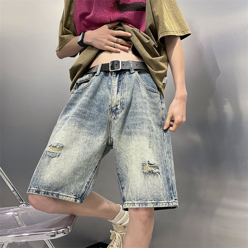 破洞牛仔短裤男夏季美式潮牌宽松直筒中裤高街痞帅休闲五分裤P37,男装牛仔裤,星座410-6（原星座1304-1）