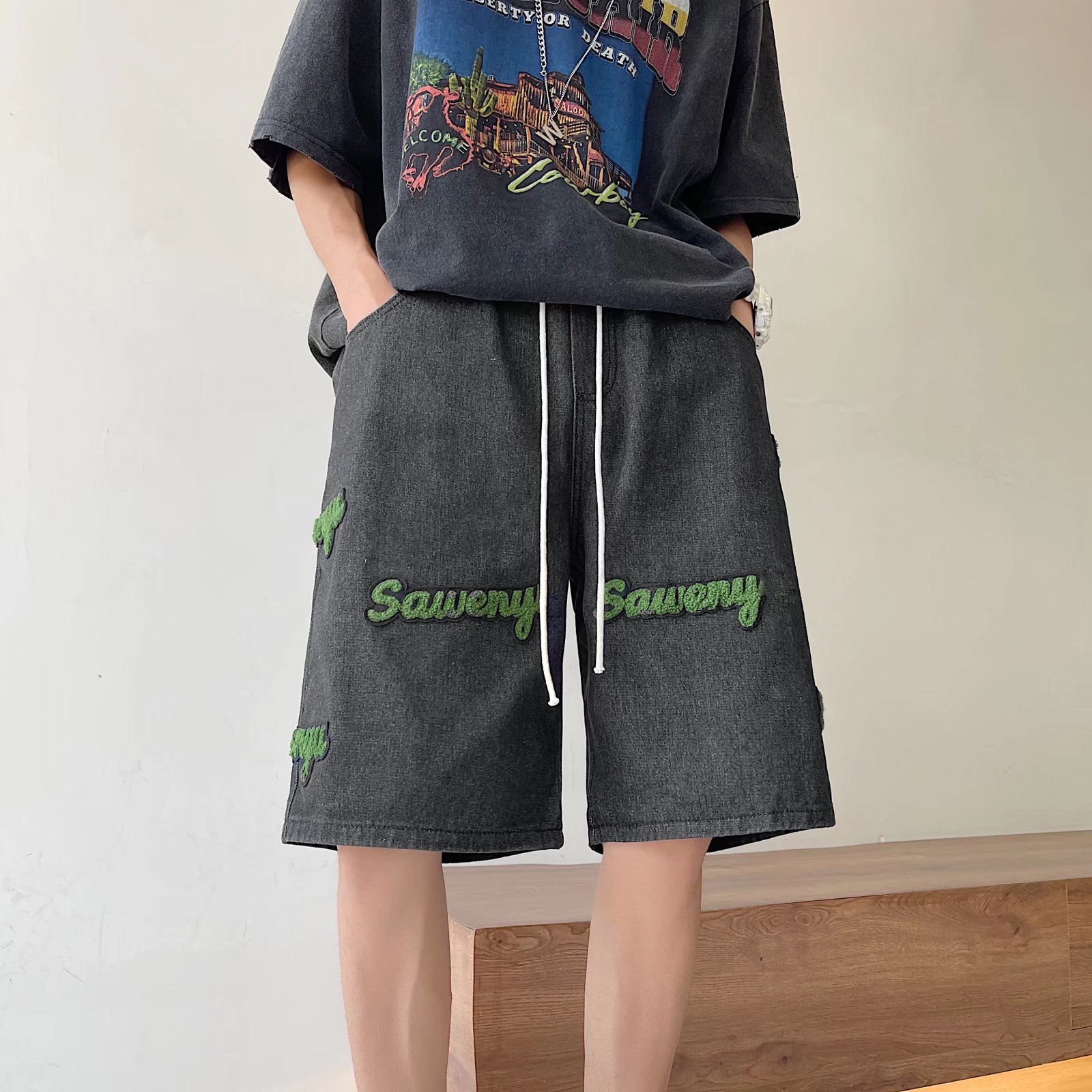 植绒字母毛巾绣牛仔短裤男夏装宽松休闲五分裤P40,男装牛仔裤,星座410-6（原星座1304-1）