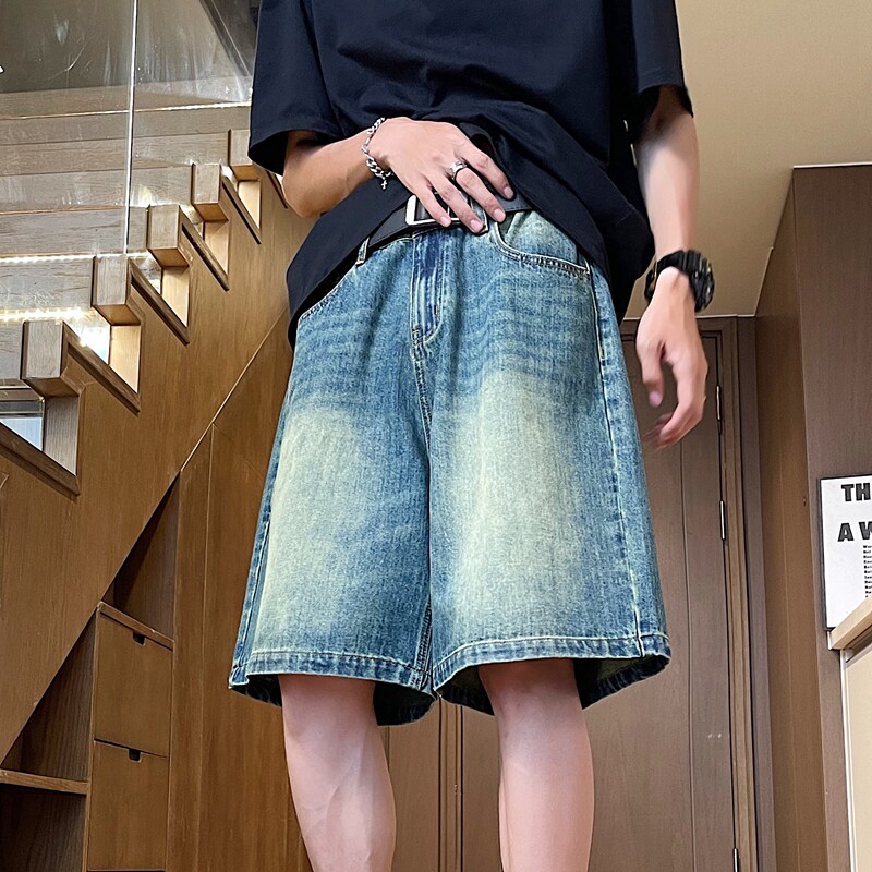 美式复古牛仔短裤男款夏季潮牌高街直筒五分裤子阔腿宽松休闲P43图片