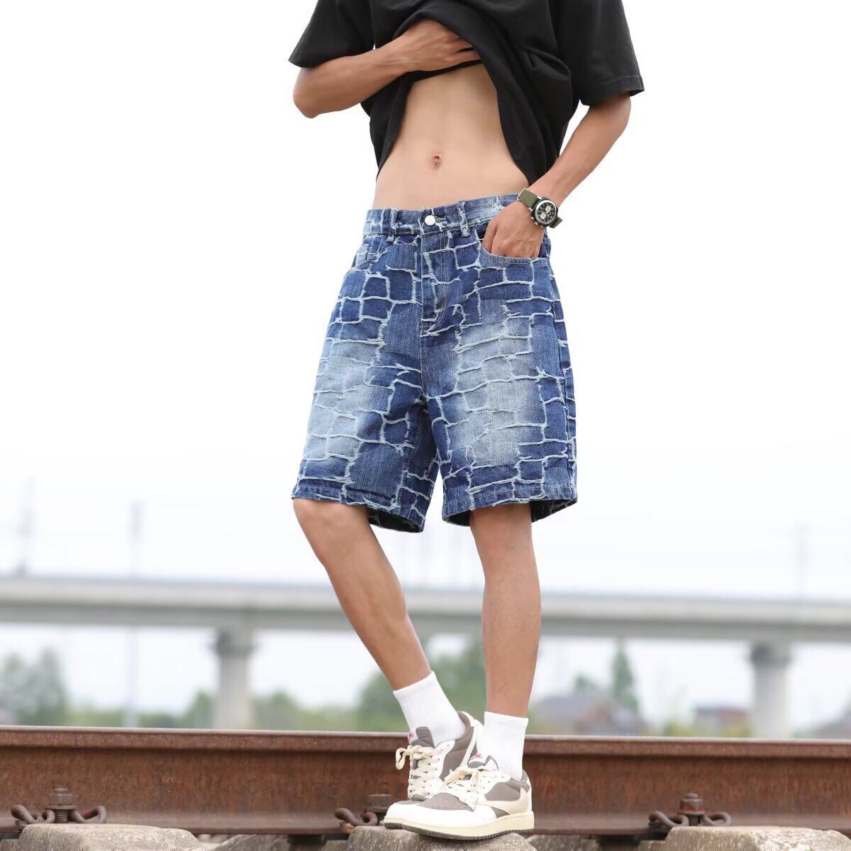 新款男士牛仔裤时尚百搭休闲提花5分裤子男宽松潮流帅气短裤P45图片