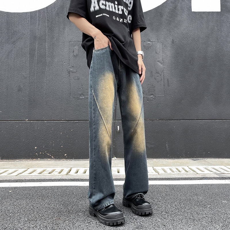 复古做旧牛仔裤男夏季新款美式宽松微喇裤水洗休闲长裤潮P45图片