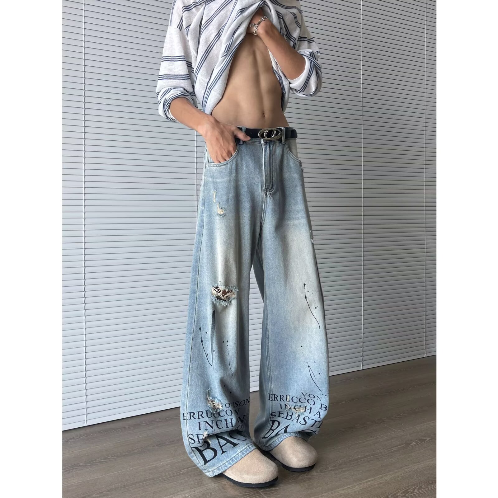 美式高街vibe字母印花破洞牛仔裤男水洗直筒宽松拖地裤子痞帅P53,男装牛仔裤,星座410-6（原星座1304-1）