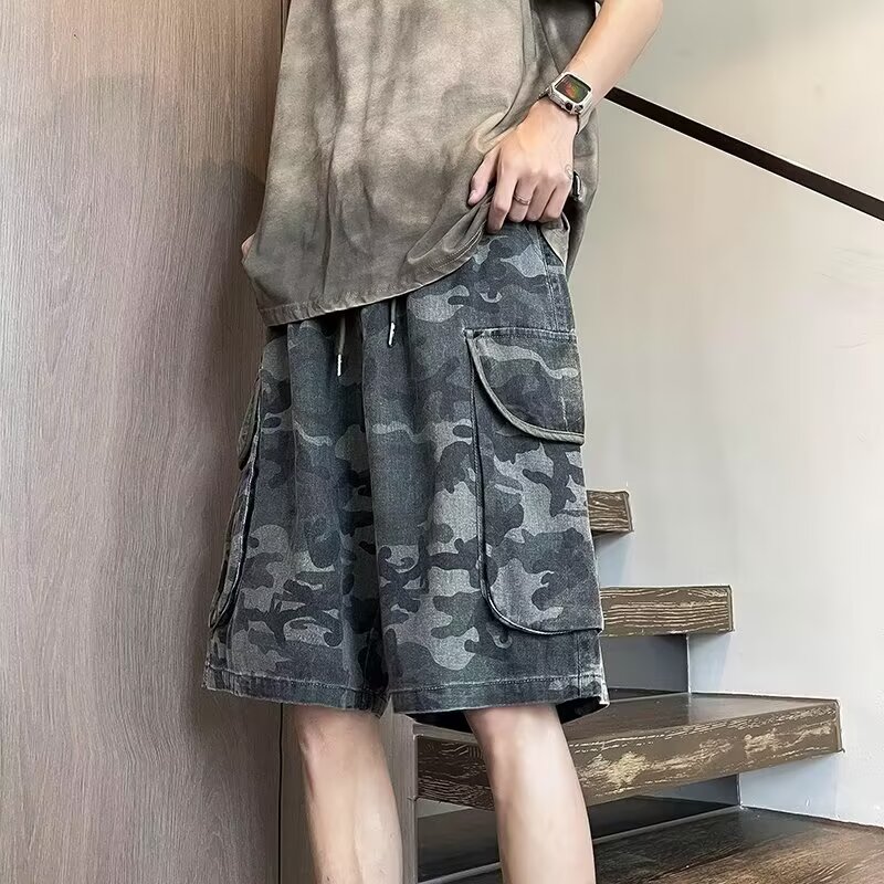美式复古迷彩工装牛仔短裤男女潮牌宽松直筒阔腿休闲五分裤P47,男装牛仔裤,星座410-6（原星座1304-1）